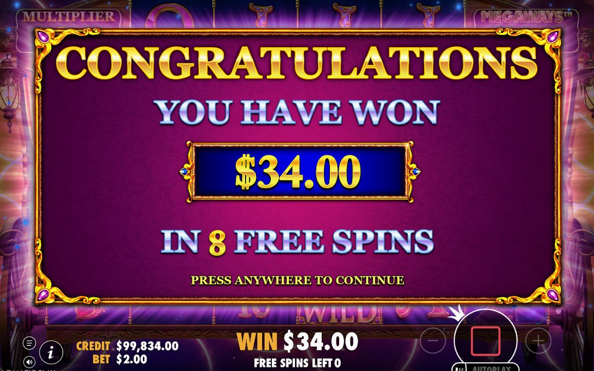 Win screen after a tumble cascade settles together